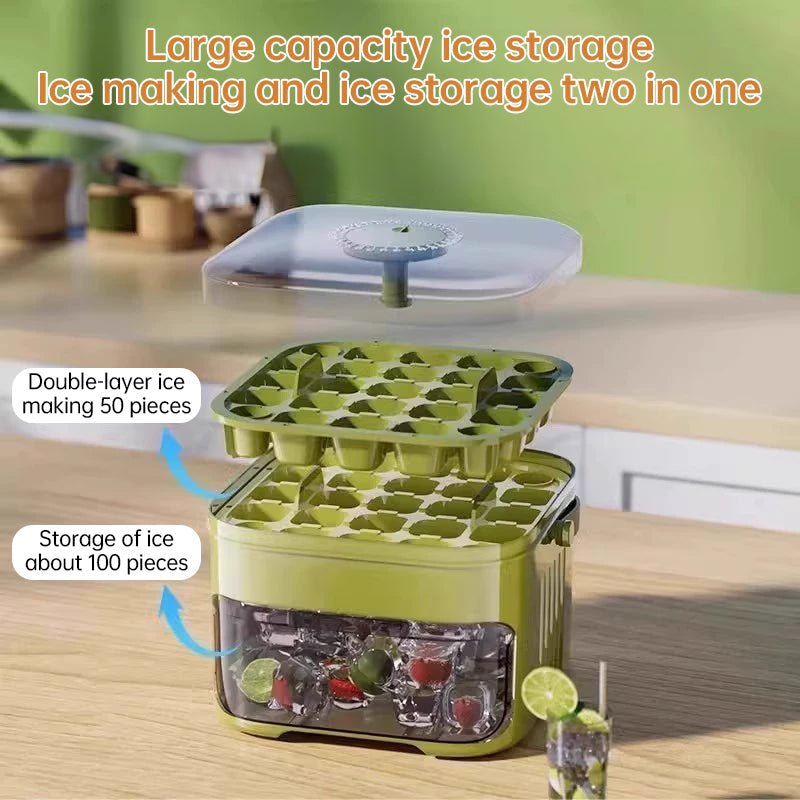 50-grid ice maker with new large capacity - household food-grade plastic double-layer ice storage barrel & ice ball mold set