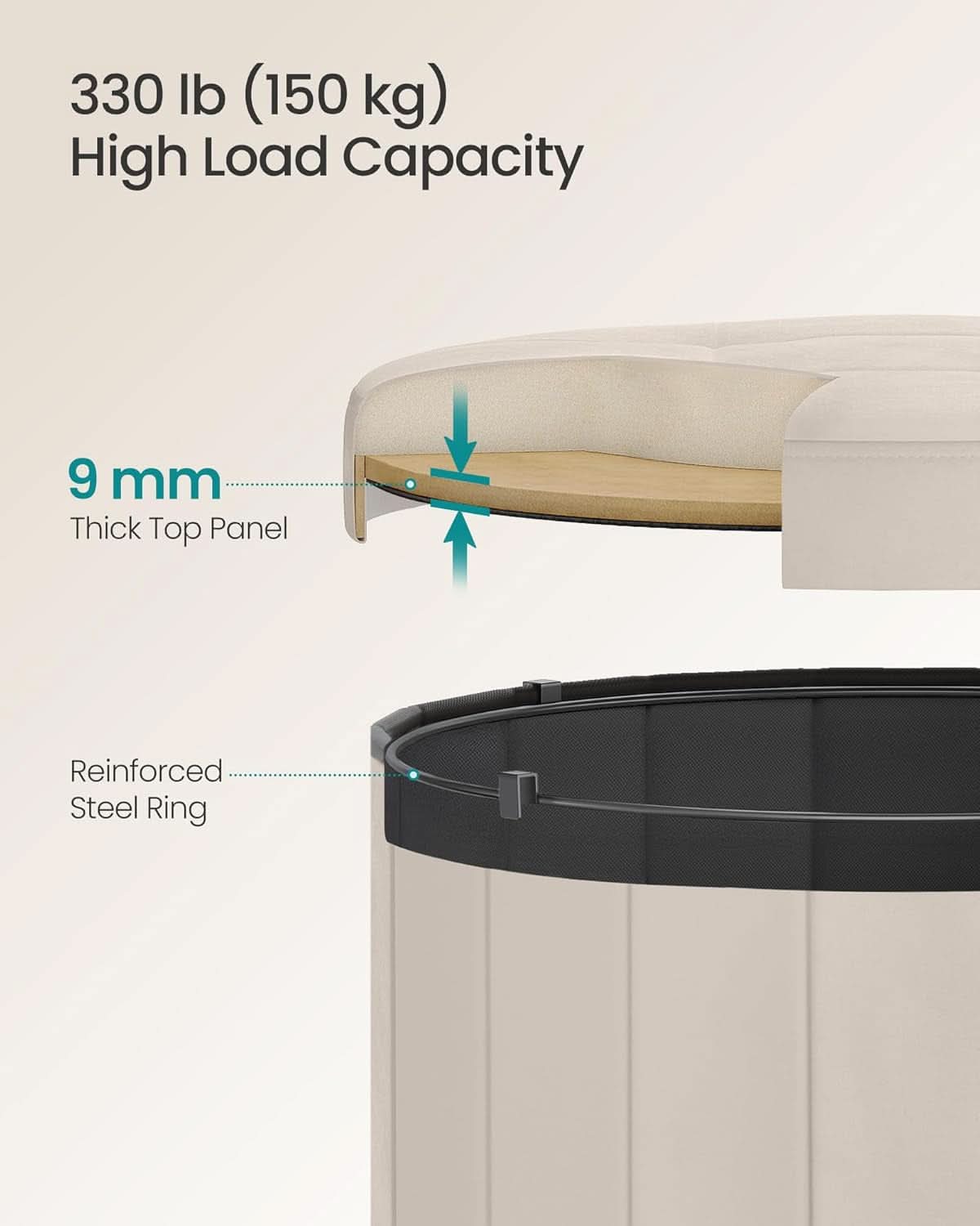 Round Folding Storage Ottoman Cappuccino Beige Velvet