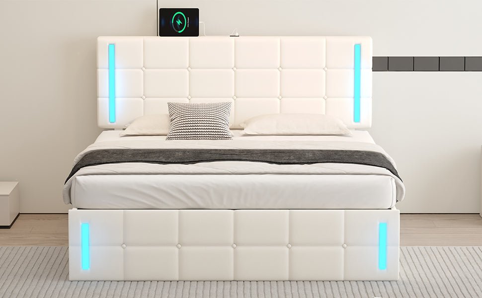 Queen Size Upholstered Bed with LED Lights,Hydraulic Storage System and USB Charging Station,White V.I.P Digital Presence