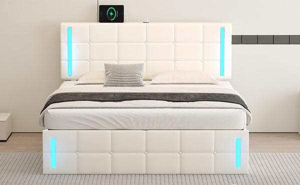 Queen Size Upholstered Bed with LED Lights,Hydraulic Storage System and USB Charging Station,White V.I.P Digital Presence