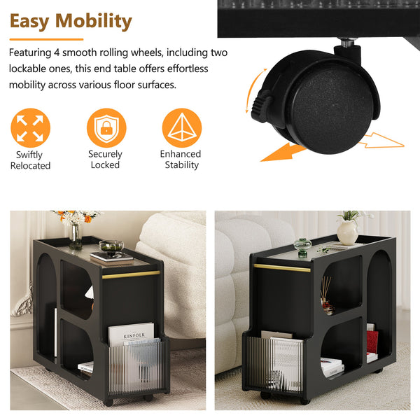 Stylish mobile desk with lockable wheels,bedside table with 5mm thick grooved tempered glass and gold round bars ，black