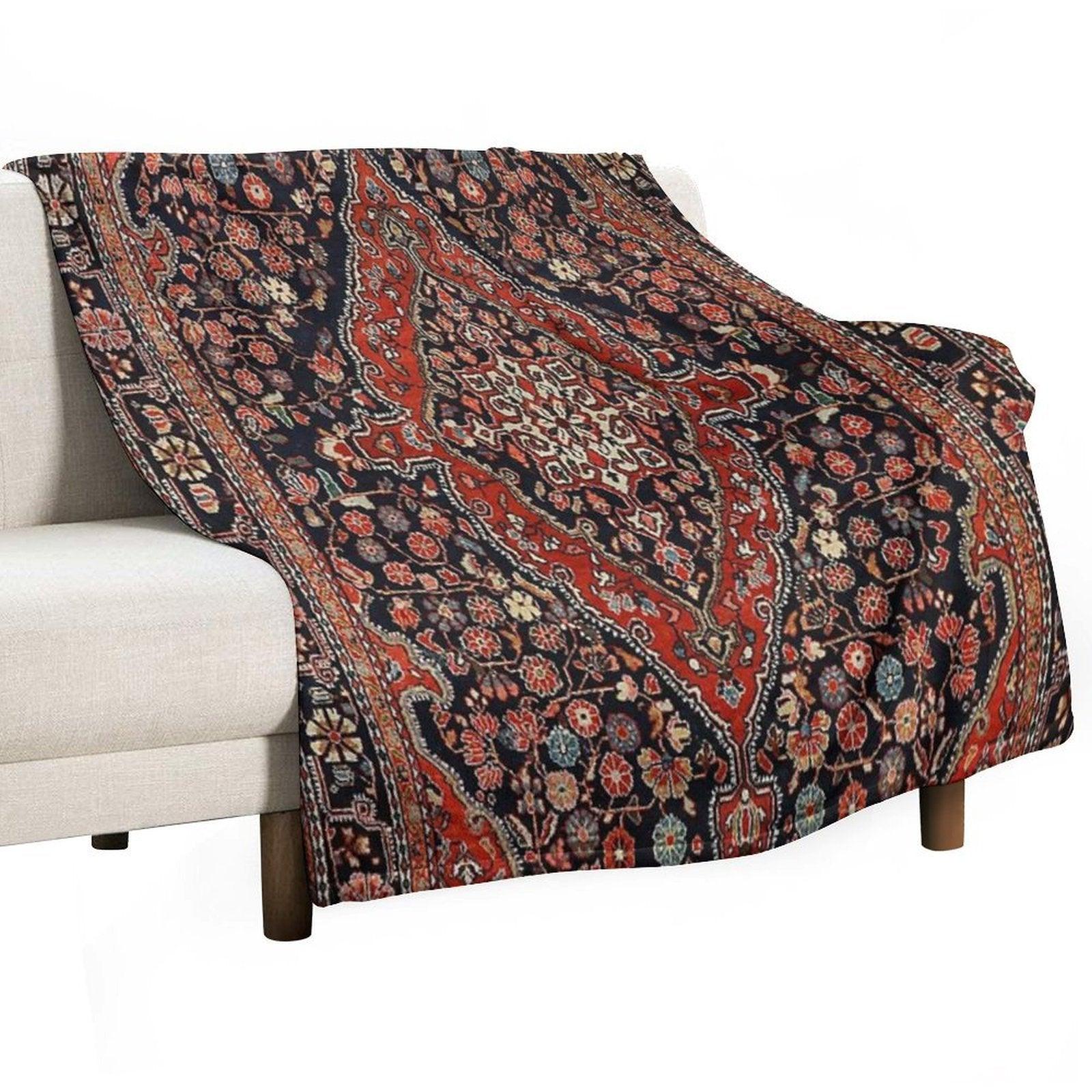 Persia Sarouk 19th Century Authentic Colorful Picture of A Vibrant Red And Black Rug Throw Blanket