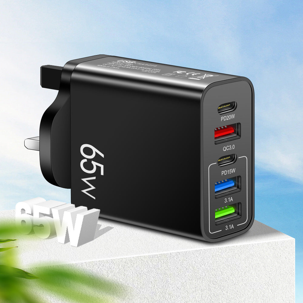 Standard PD65W mobile phone charger 4A type-c PD+3USB multi port European, American, English travel charging head