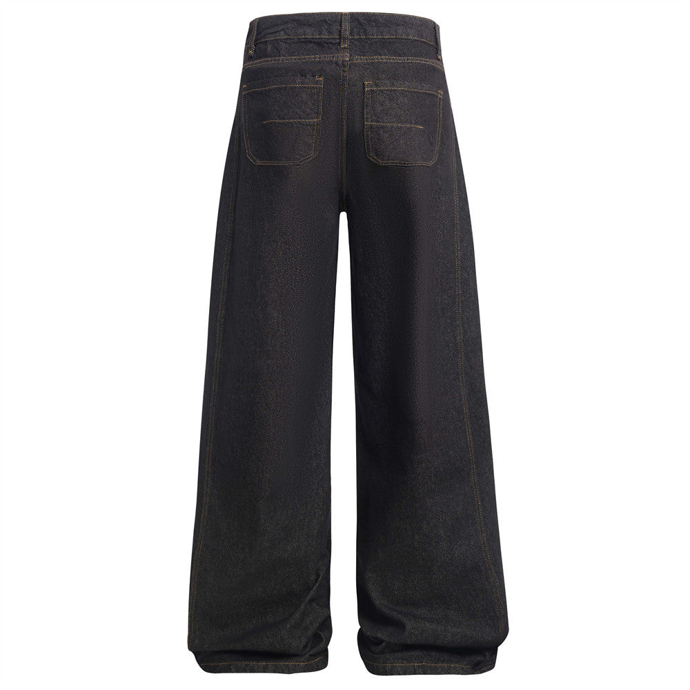 American High Street Design Denim Wide Leg Long Pants Men's Vibe Trendy Side Pleated Loose Casual Trousers