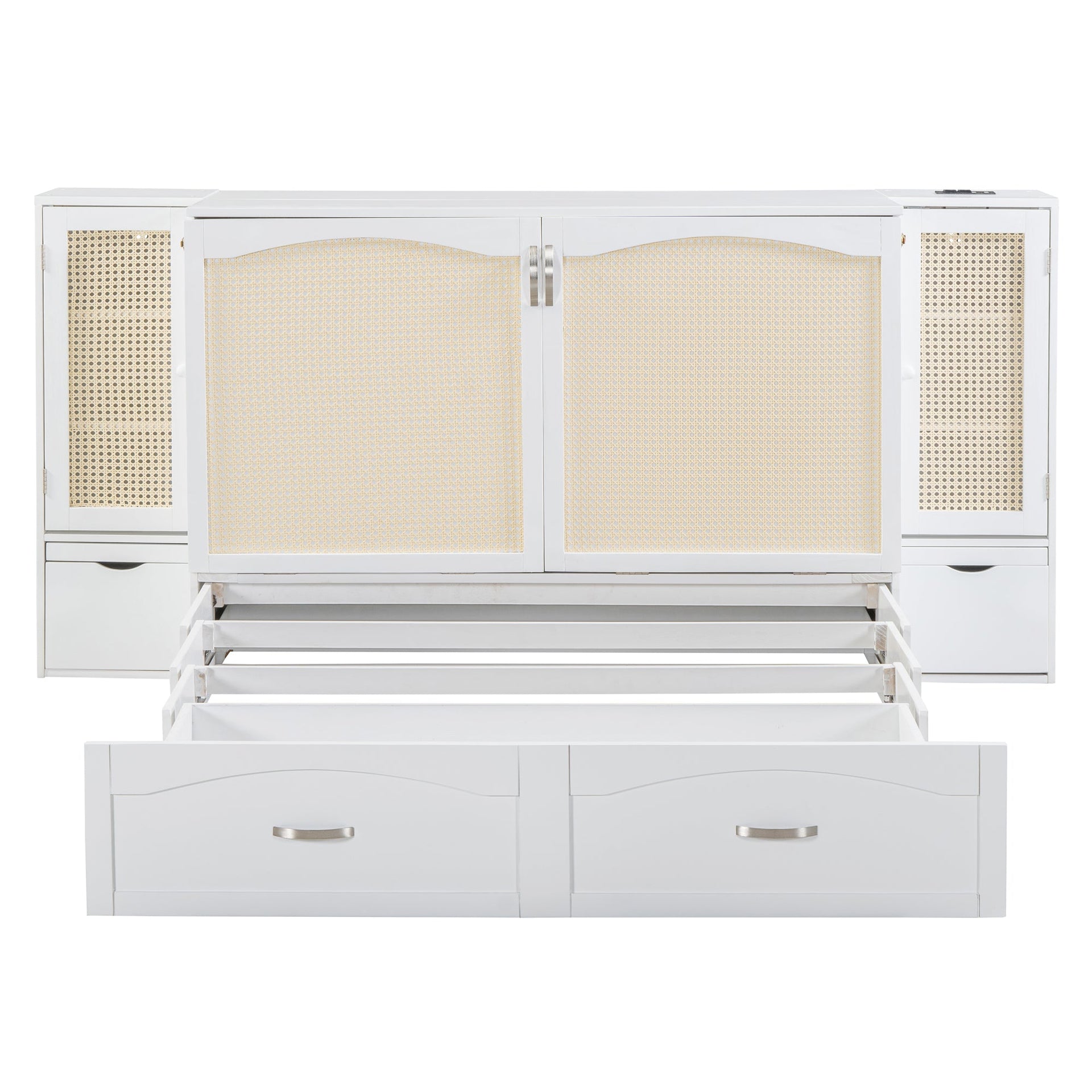 Large Murphy bed wall mounted bed with drawers, 2 storage cabinets, 1 set of sockets and USB ports, white