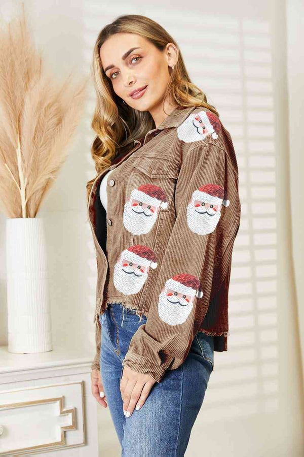 Red Santa Sequin Raw Hem Jacket Festive Buttoned Jacket Charming Winter Women Jacket