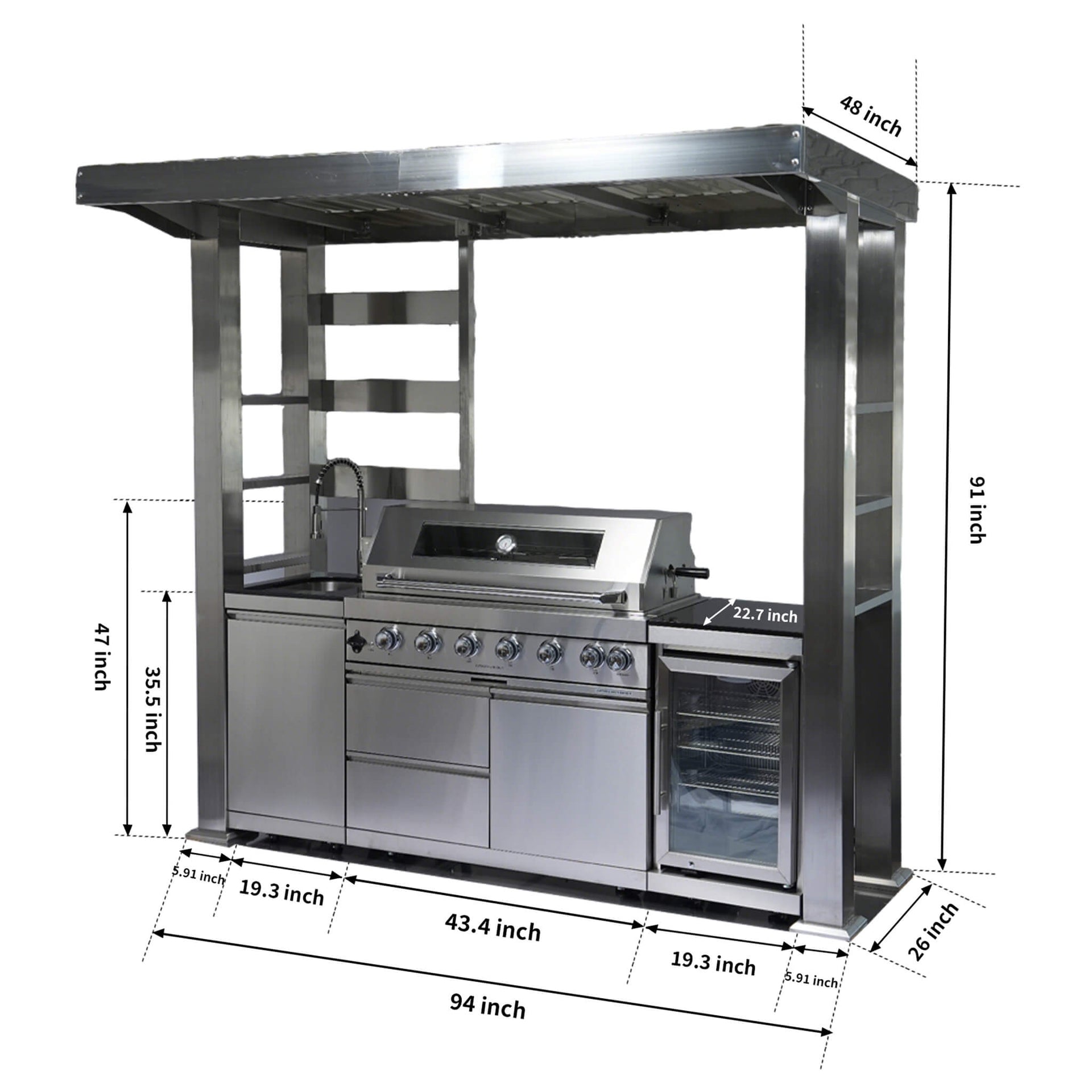 Astoria 94-Inch 6-Burner 85K BTU Outdoor Kitchen Grill Island With Wine Cooler, Rotisserie, Cabinets, And Granite Countertops (SAK68014)