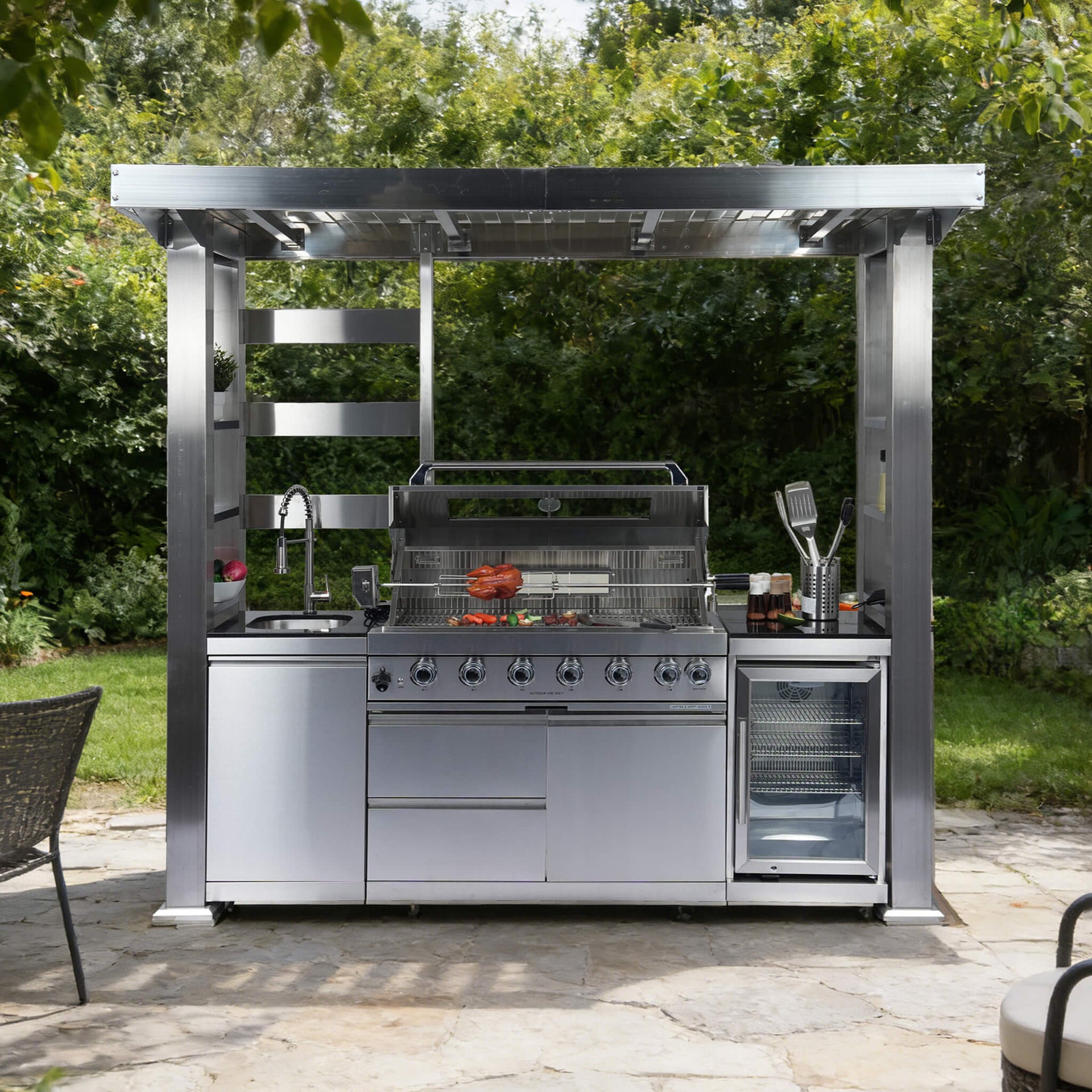 Astoria 94-Inch 6-Burner 85K BTU Outdoor Kitchen Grill Island With Wine Cooler, Rotisserie, Cabinets, And Granite Countertops (SAK68014)