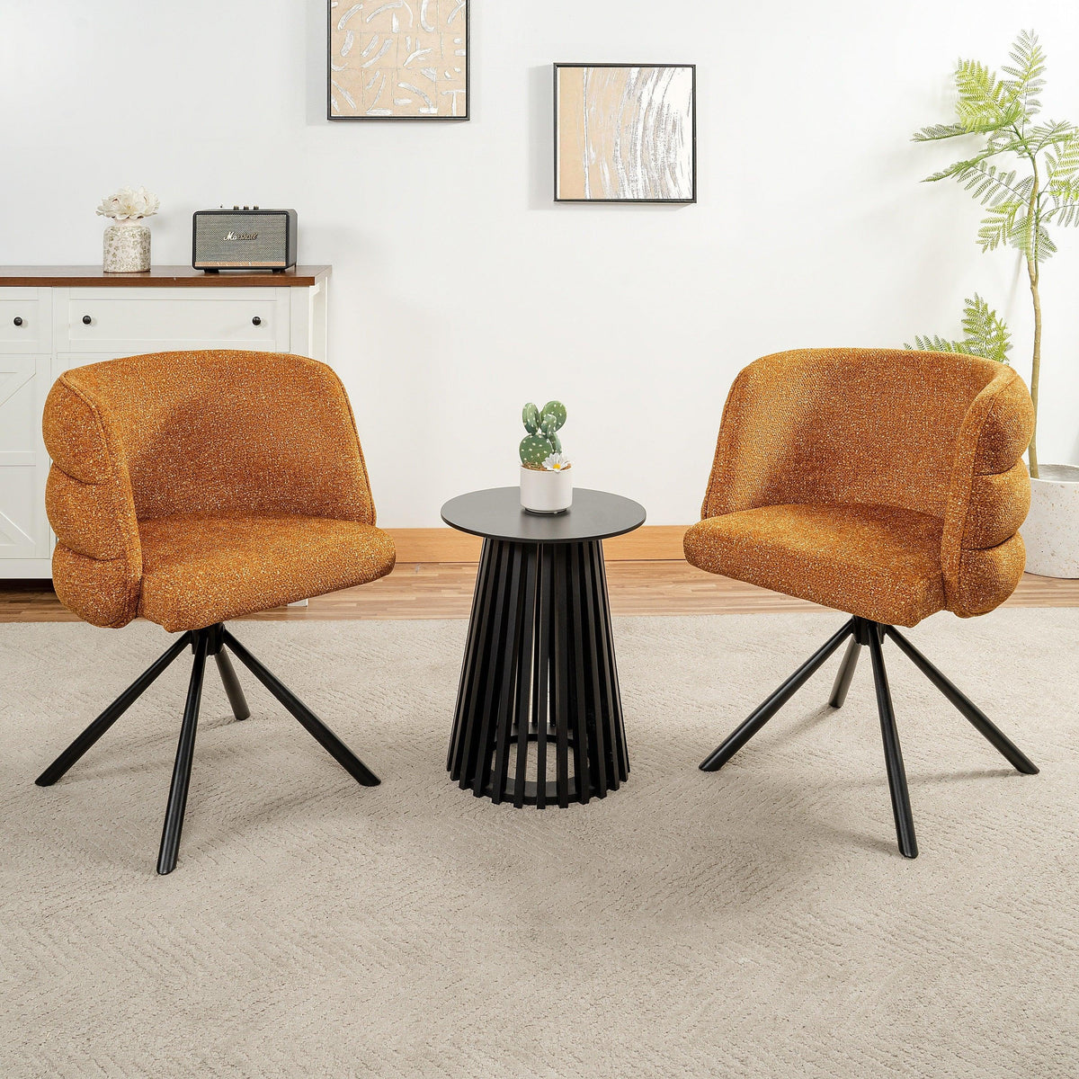 Modern 270° Swivel Upholstered Desk Chairs Set of 2 in Orange, Chenille Fabric with Metal Base for Home Office, Bedroom, Or Living Room
