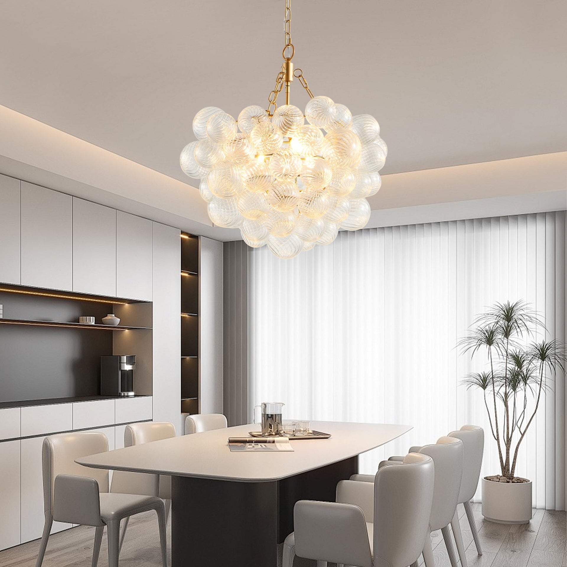 Gold Pendant Chandelier with Threaded Clear Glass Globe Shade for Living, Dining & Kitchen