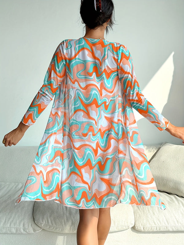 Luxe Lines 3-Piece Geometric Bikini Set for Women – High Rise Drawstring Bikini with Boxer Shorts & Long Sleeve Sheer Kimono Cover-Up – Bold & Breezy Women’s Swimwear for Summer Beach Pool & Getaways