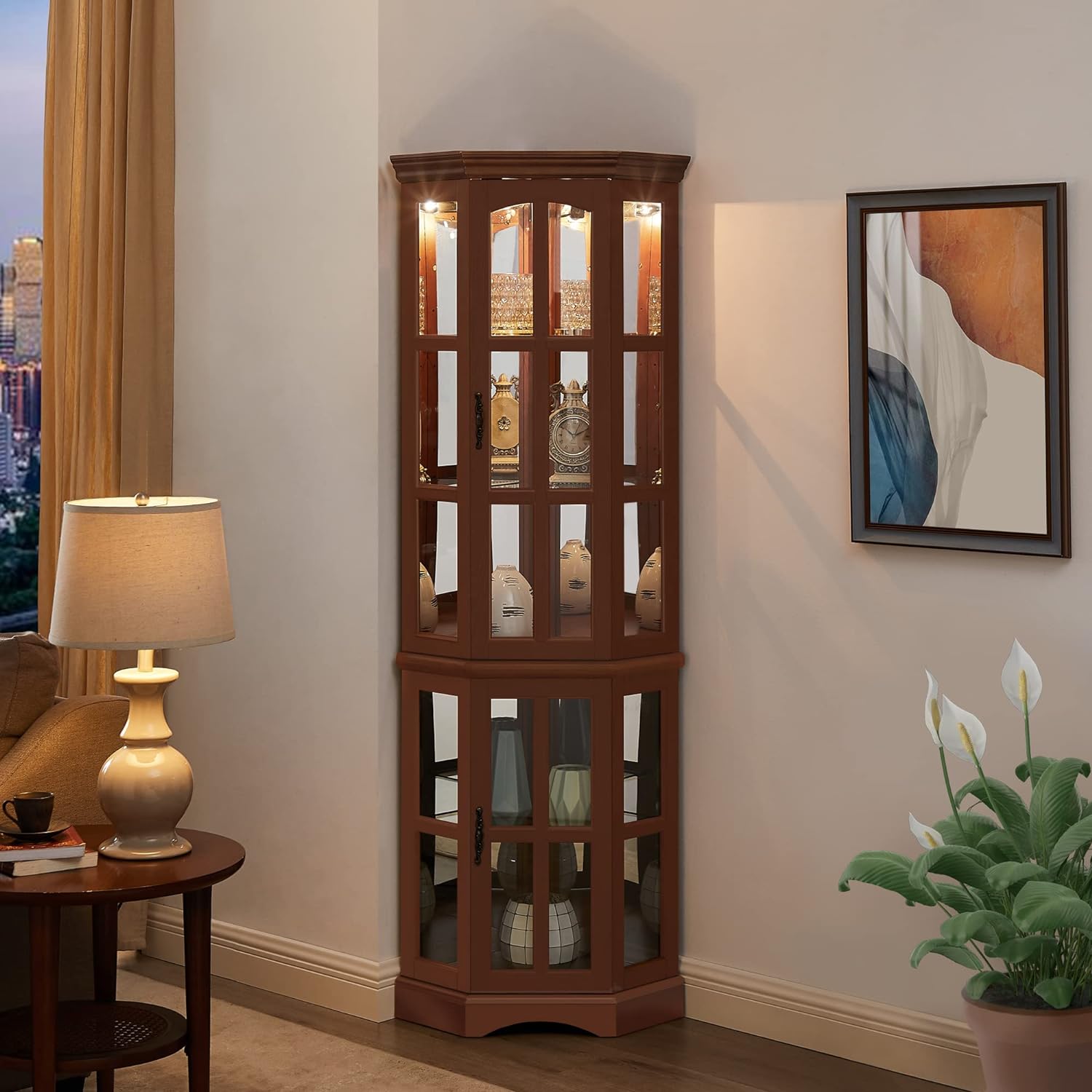 Corner Curio Cabinet with 5 Shelves and Lighting System, Walnut(E26 light bulb not included)