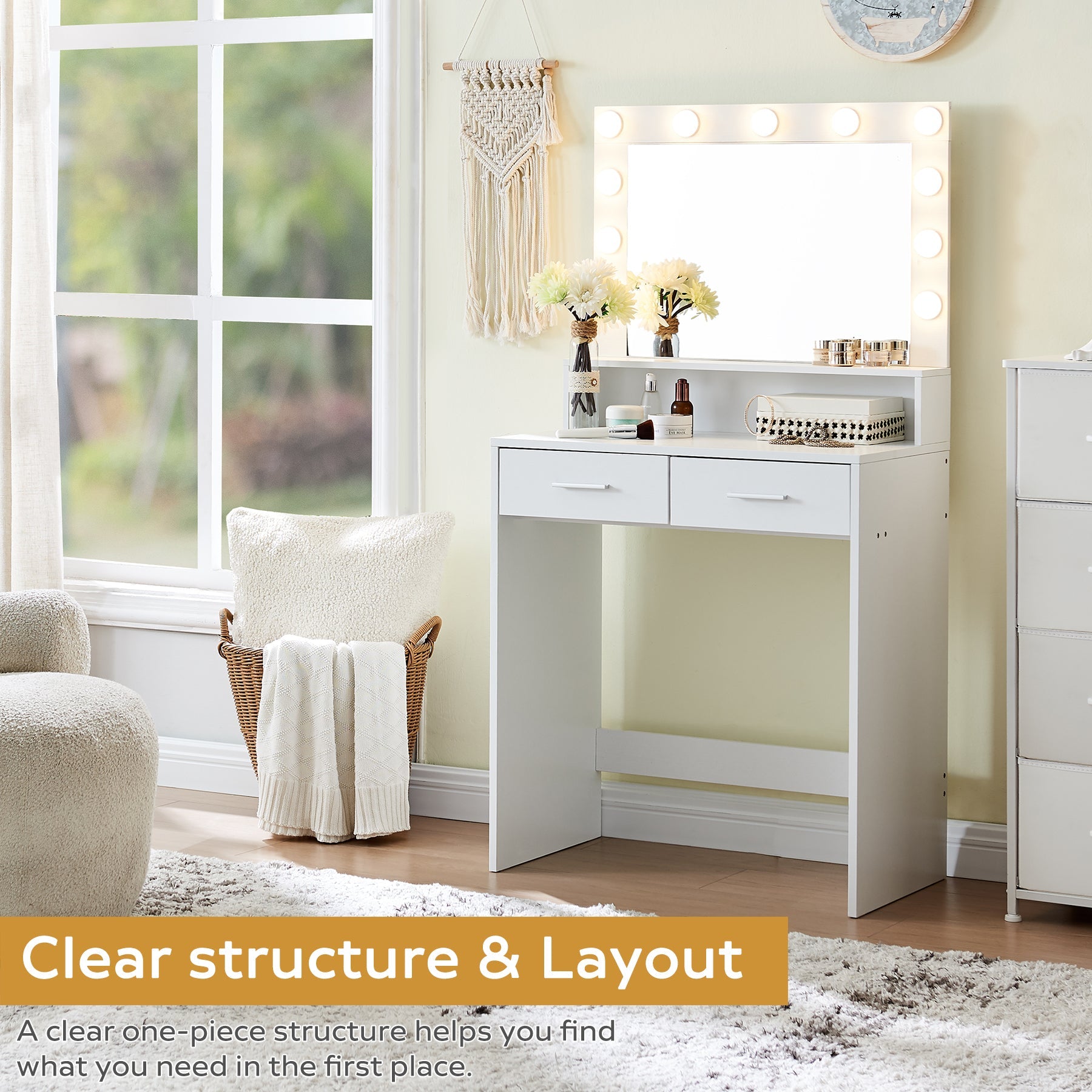 Vanity Desk with Mirror and Lights, Large Drawer and 2-Level Storage, Adjustable Brightness