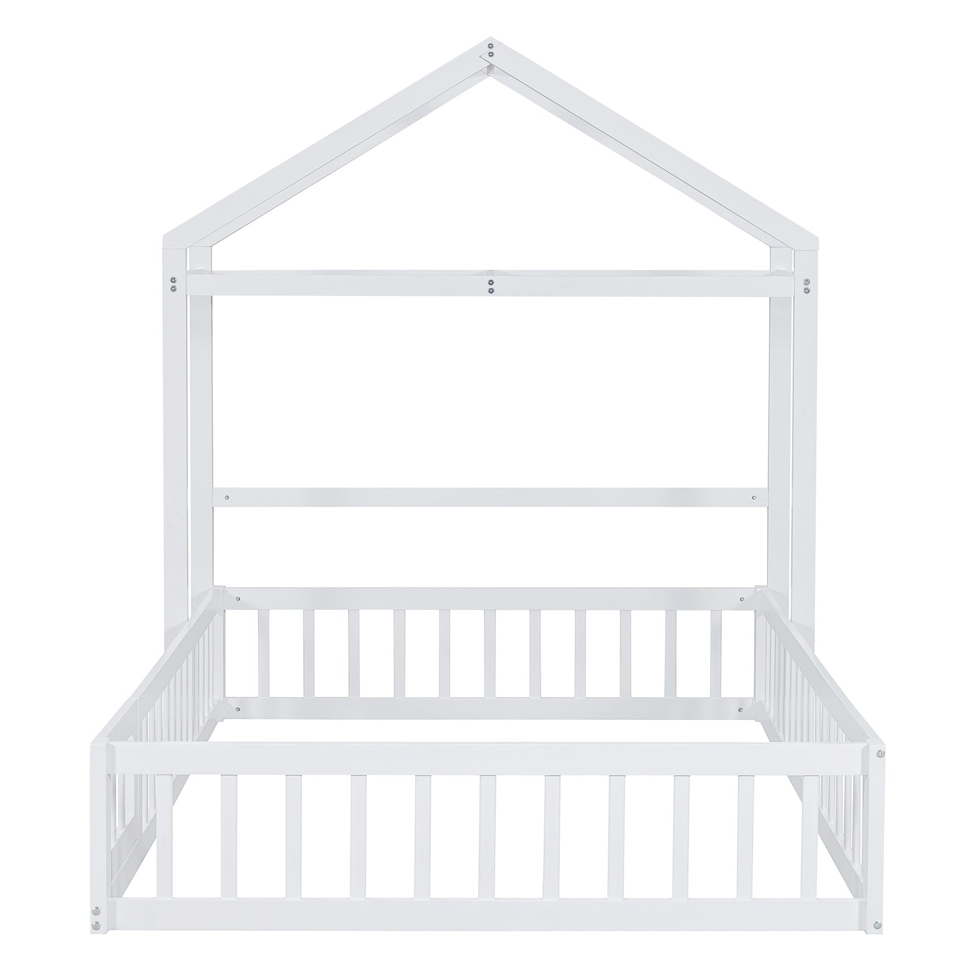 Wooden Full Size Children's Bed with Detachable Headboard and Integrated Clothes Drying Rack, White