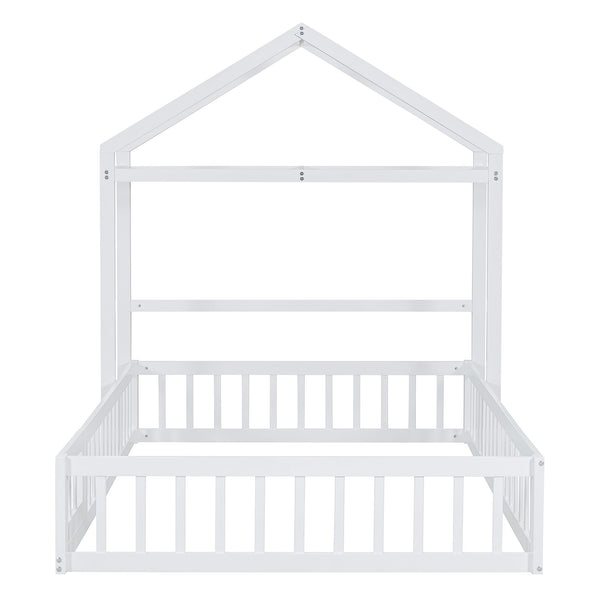Wooden Full Size Children's Bed with Detachable Headboard and Integrated Clothes Drying Rack, White