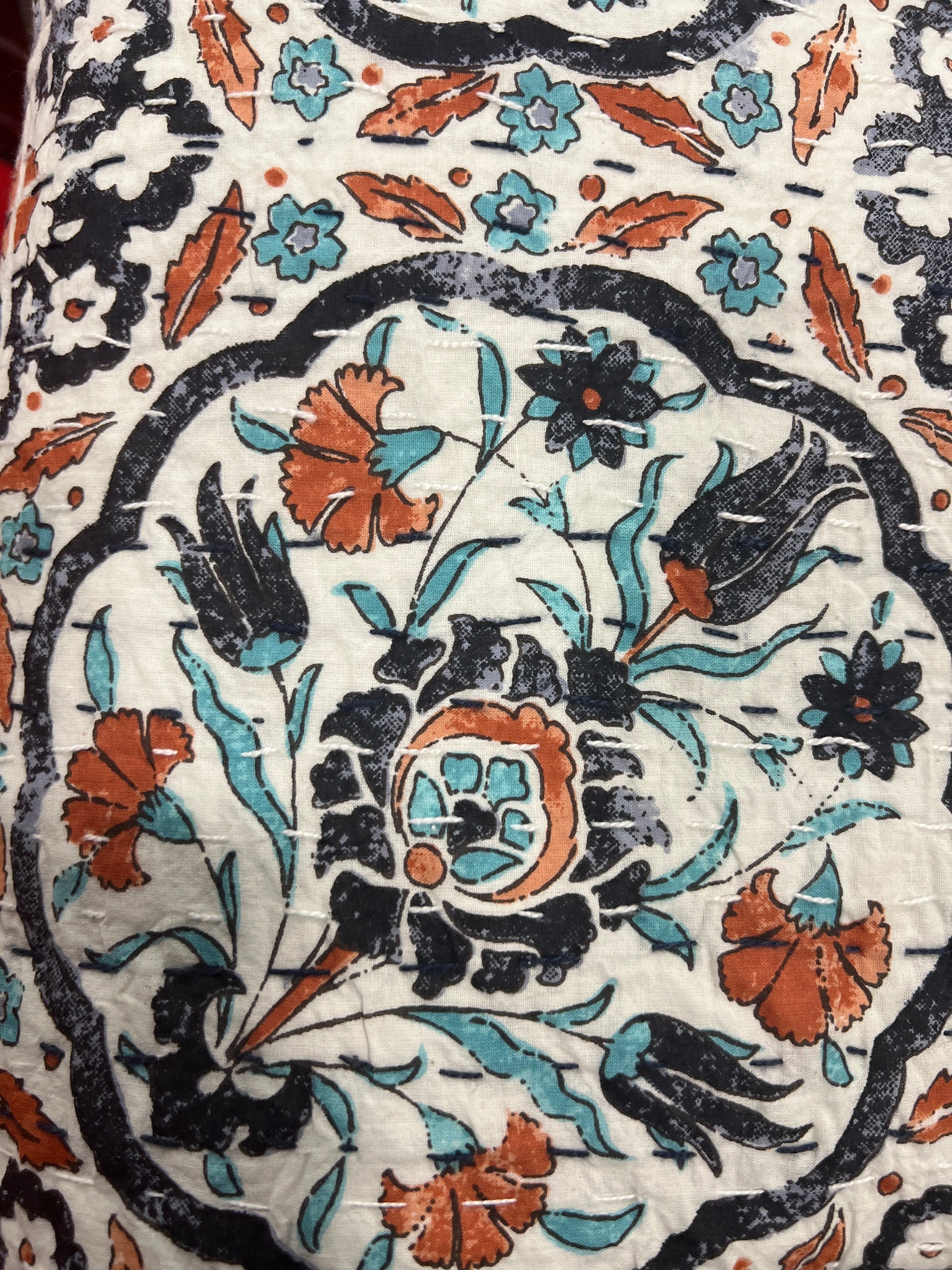 Teal Burnt Orange Floral Block Print Cotton Kantha Quilt (Events)