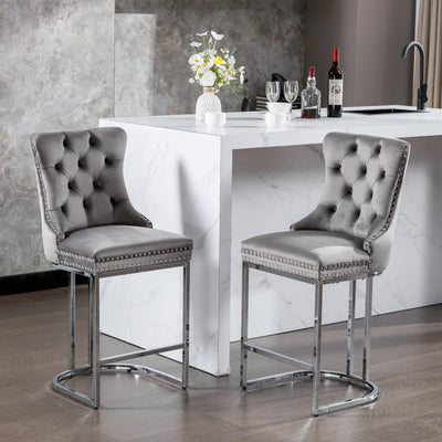 Counter Height Velvet Bar Stools with Button Back & Rivet Trim Upholstered Seats