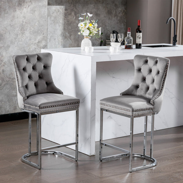 Counter Height Velvet Bar Stools with Button Back & Rivet Trim Upholstered Seats