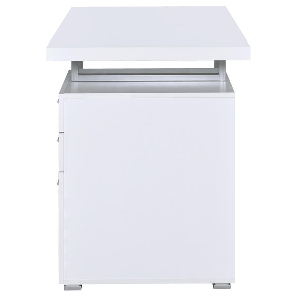 Side profile of White 3-drawer Reversible Office Desk showing clean lines and compact drawer unit for space-saving functionality.