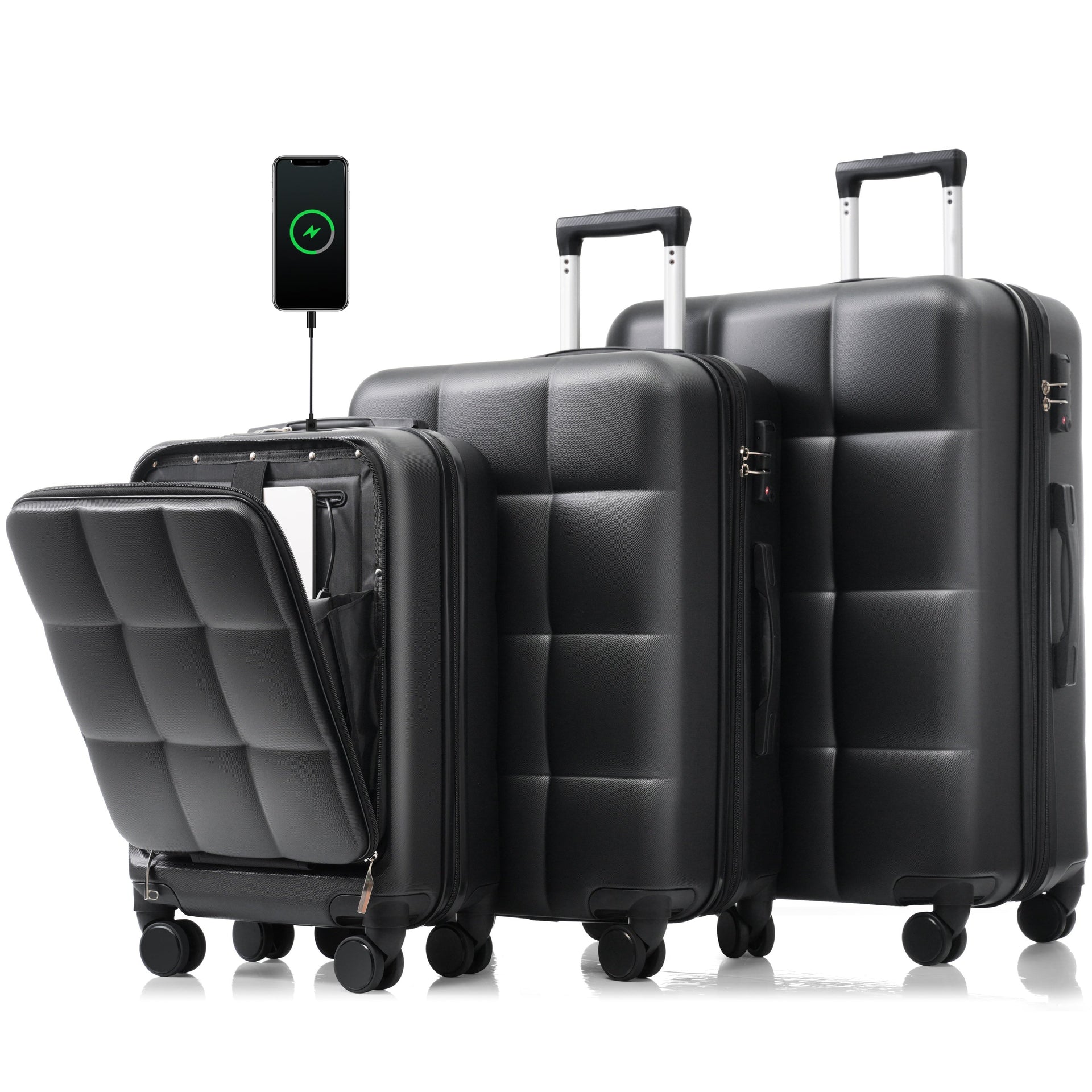 Luggage Sets 3 Piece, 20-inch with USB Port and front opening design,  ABS Hard Shell Luggage with Spinner Wheels, Cup Holder, black and brown