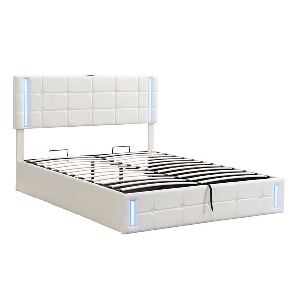 Queen Size Upholstered Bed with LED Lights,Hydraulic Storage System and USB Charging Station,White V.I.P Digital Presence