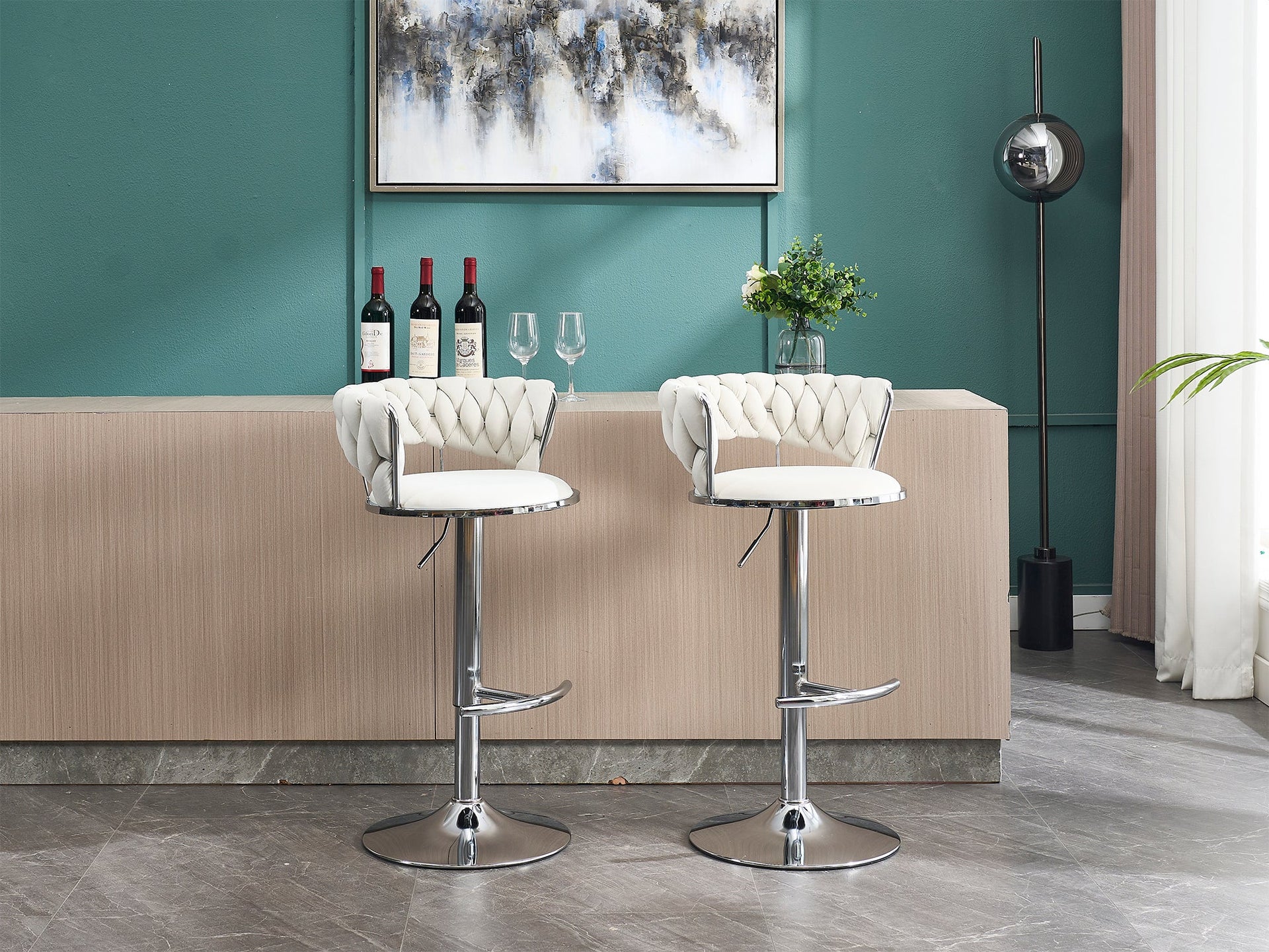 Set of 2 Bar Stools with Chrome Footrest & Base Swivel Height Adjustable Velvet