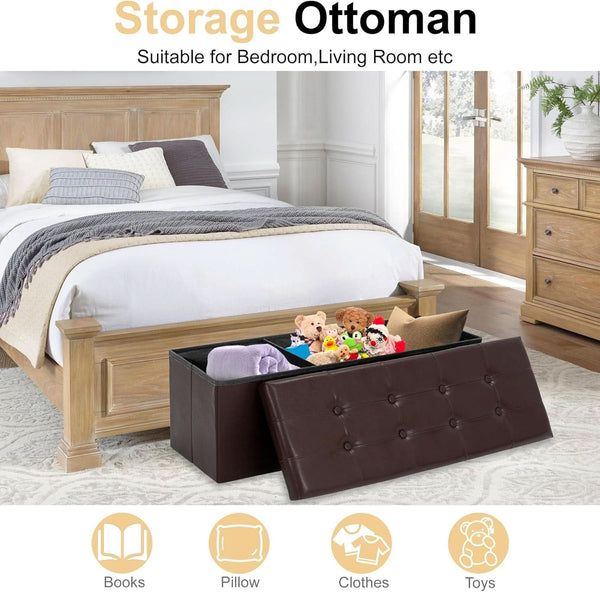 Forty Three Inches Folding Storage Ottoman Bench Brown Leather