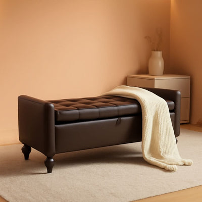 Brown Genuine Leather Storage Ottoman Bench Bedside