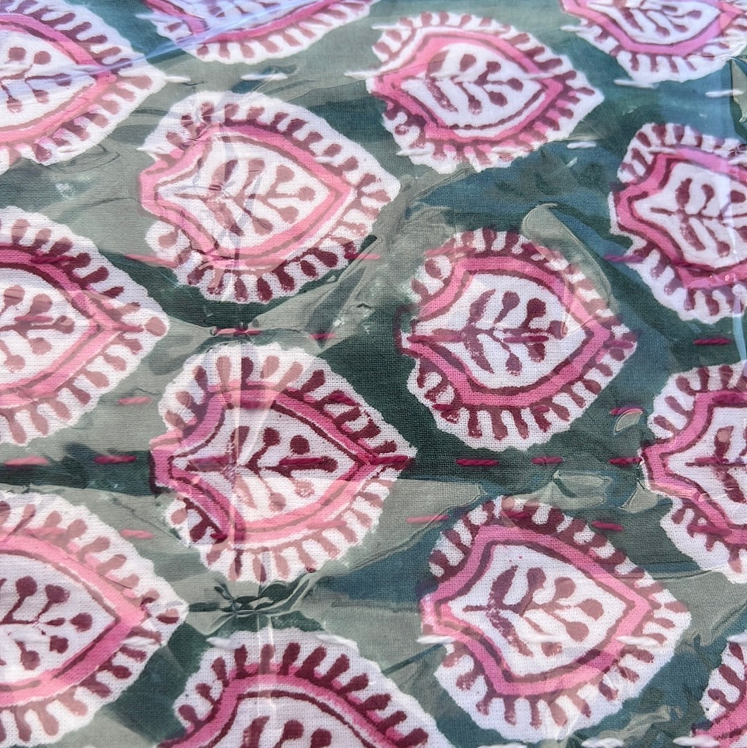 Pink Spade on Green Block Print Cotton Kantha Quilt (Events)