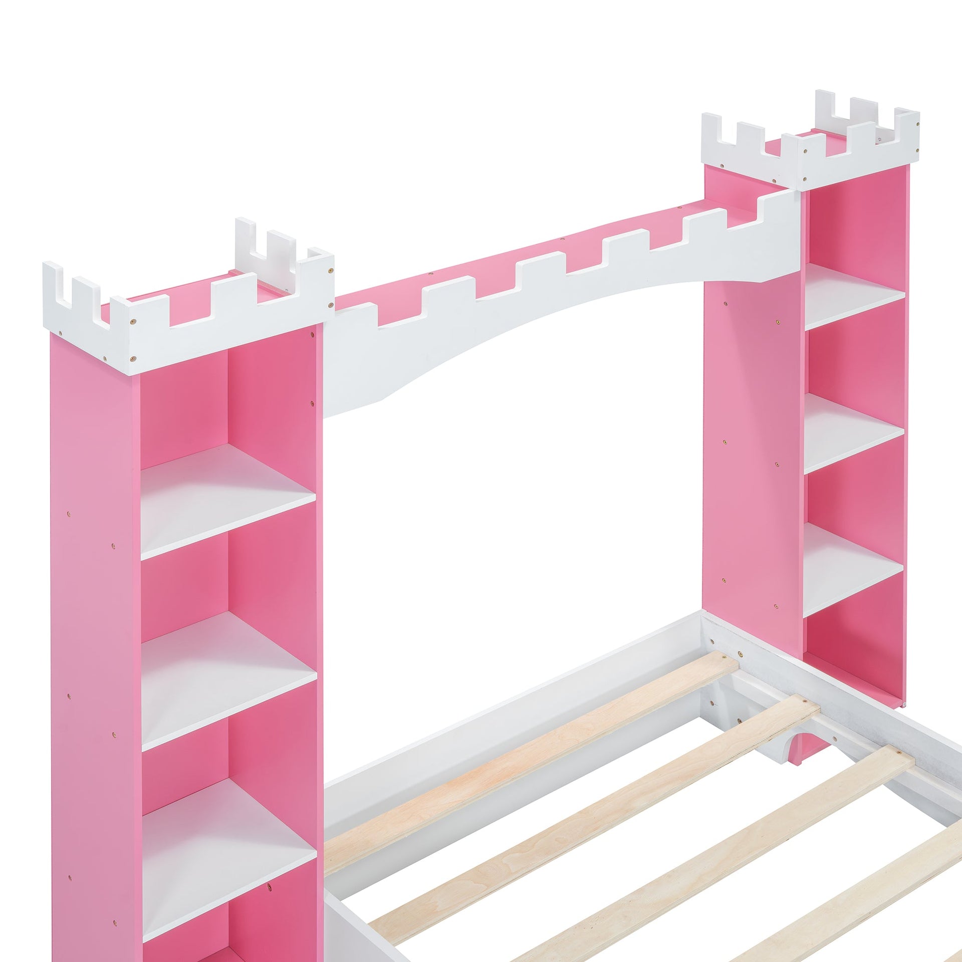 Castle-Shaped Wooden Bed with Storage Shelf, Dreamy Twin Size Platform Bed for Kids Bedroom, White + Pink