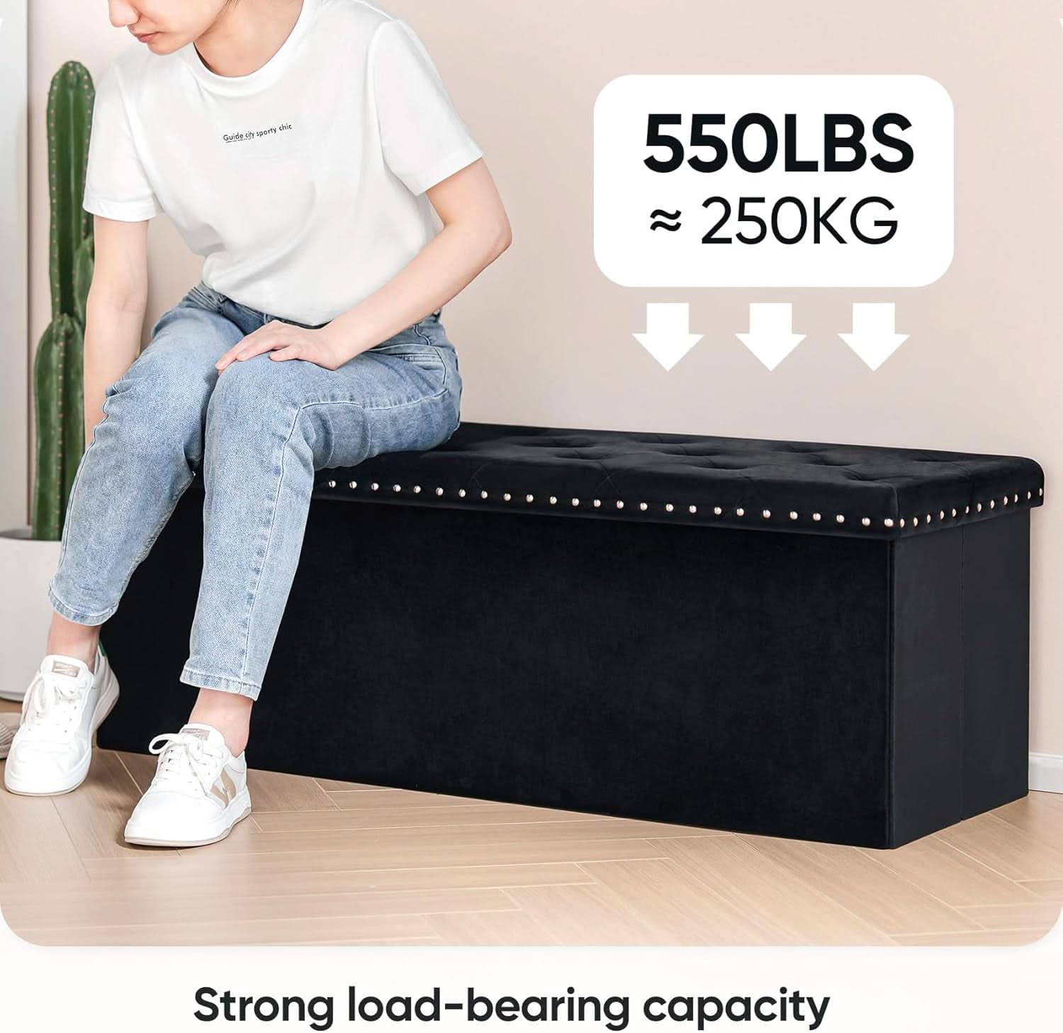 Black Premium Velvet Storage Ottoman Bench Bedroom