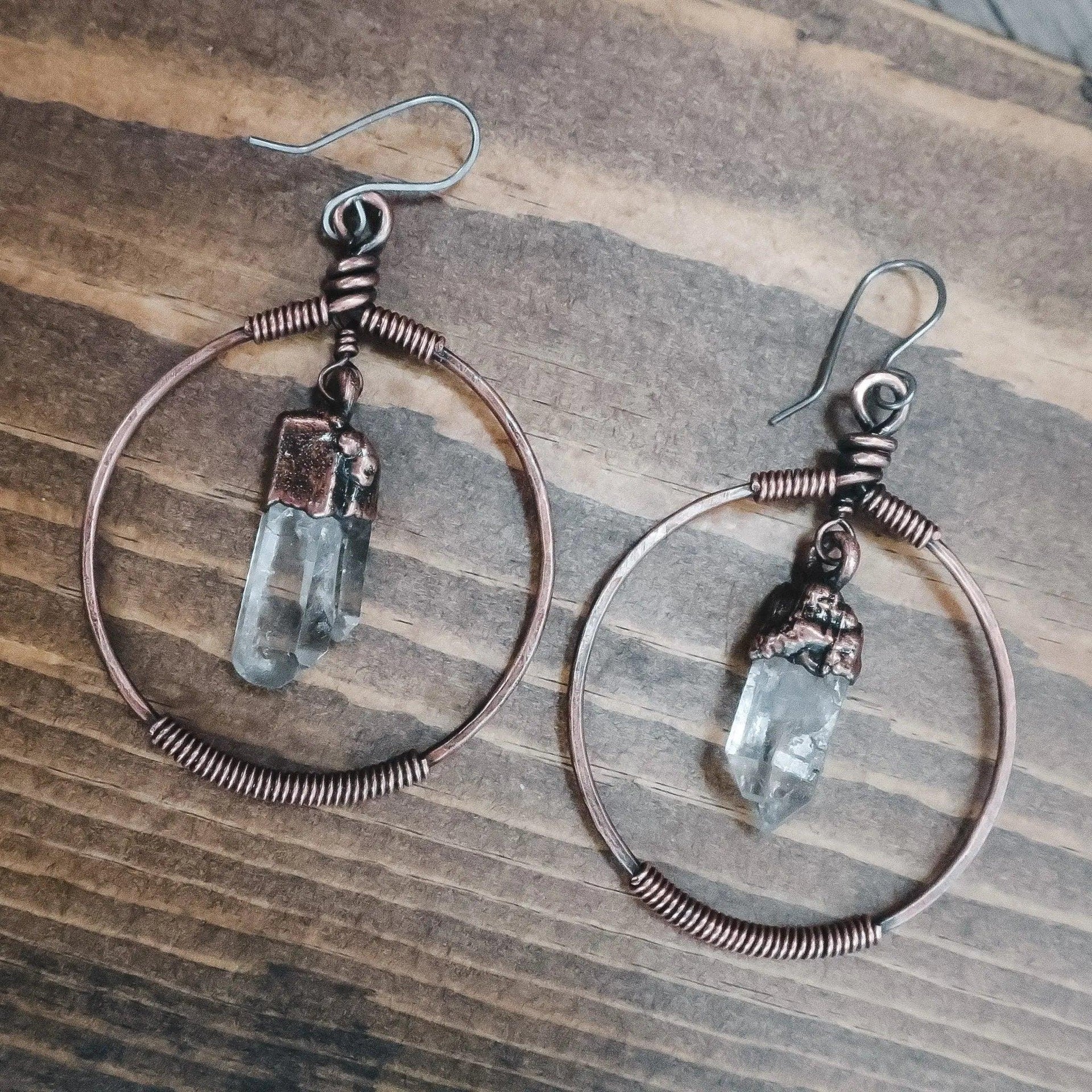 Quartz Earrings - Artisan Copper Hoops | Handmade by Blackbird & Sage