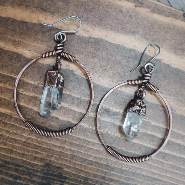 Quartz Earrings - Artisan Copper Hoops | Handmade by Blackbird & Sage