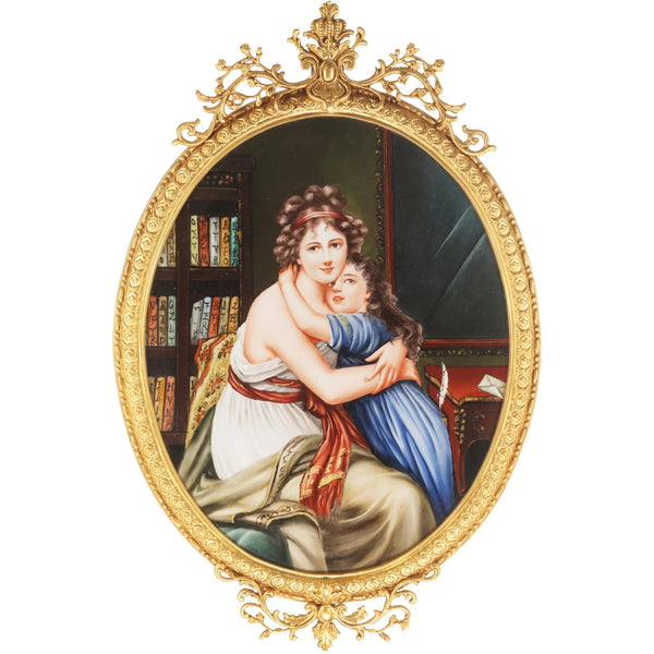 Mother And Daughter Porcelain Painting In Bronze Frame