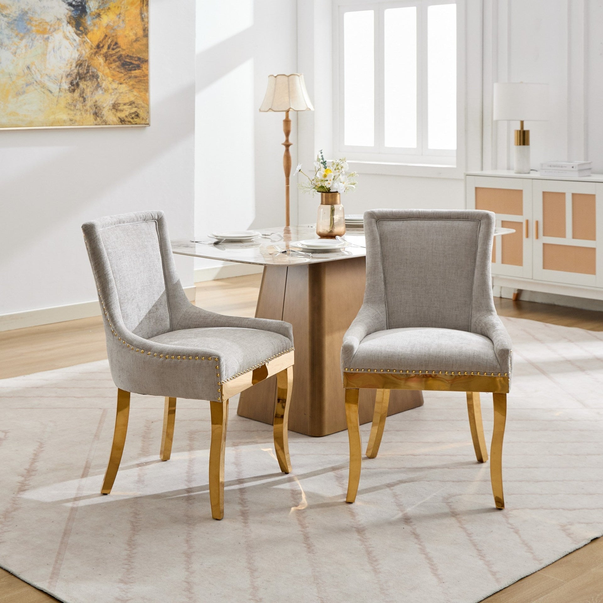 Chenille Dining Chairs Modern Style with Curved Gold-Plated Legs & Rivet Trim