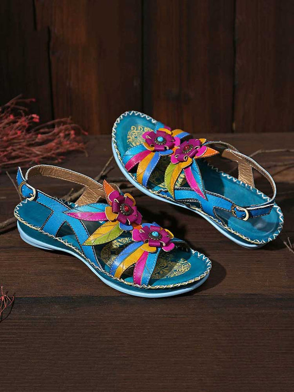 Vintage Embossing Flowers Leather Stitching Sandals