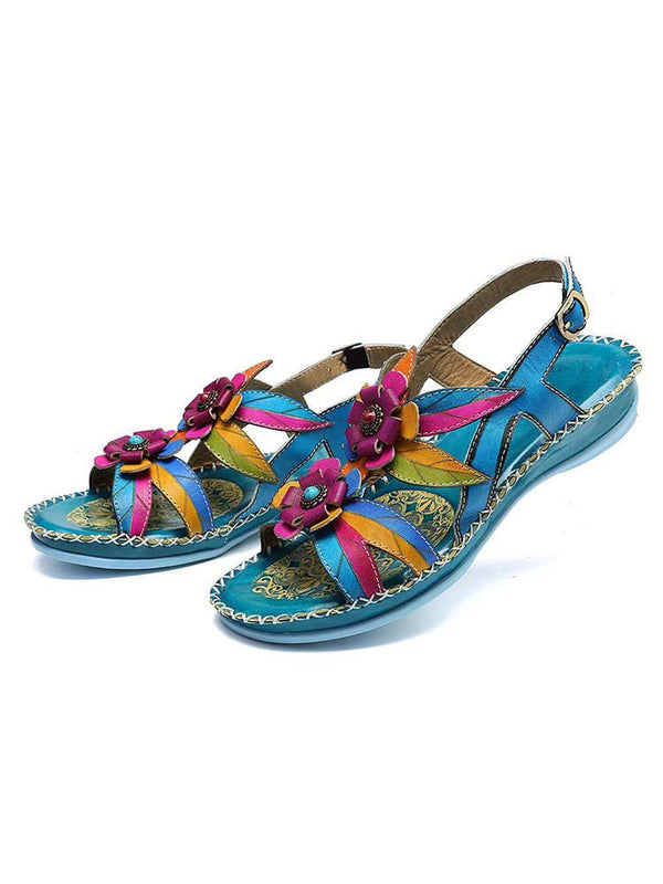 Vintage Embossing Flowers Leather Stitching Sandals