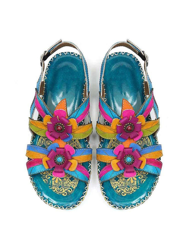 Vintage Embossing Flowers Leather Stitching Sandals