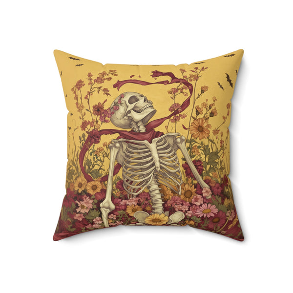 Microsuede Cushion / Halloween Art / Sunny Yellow Boho Skeleton