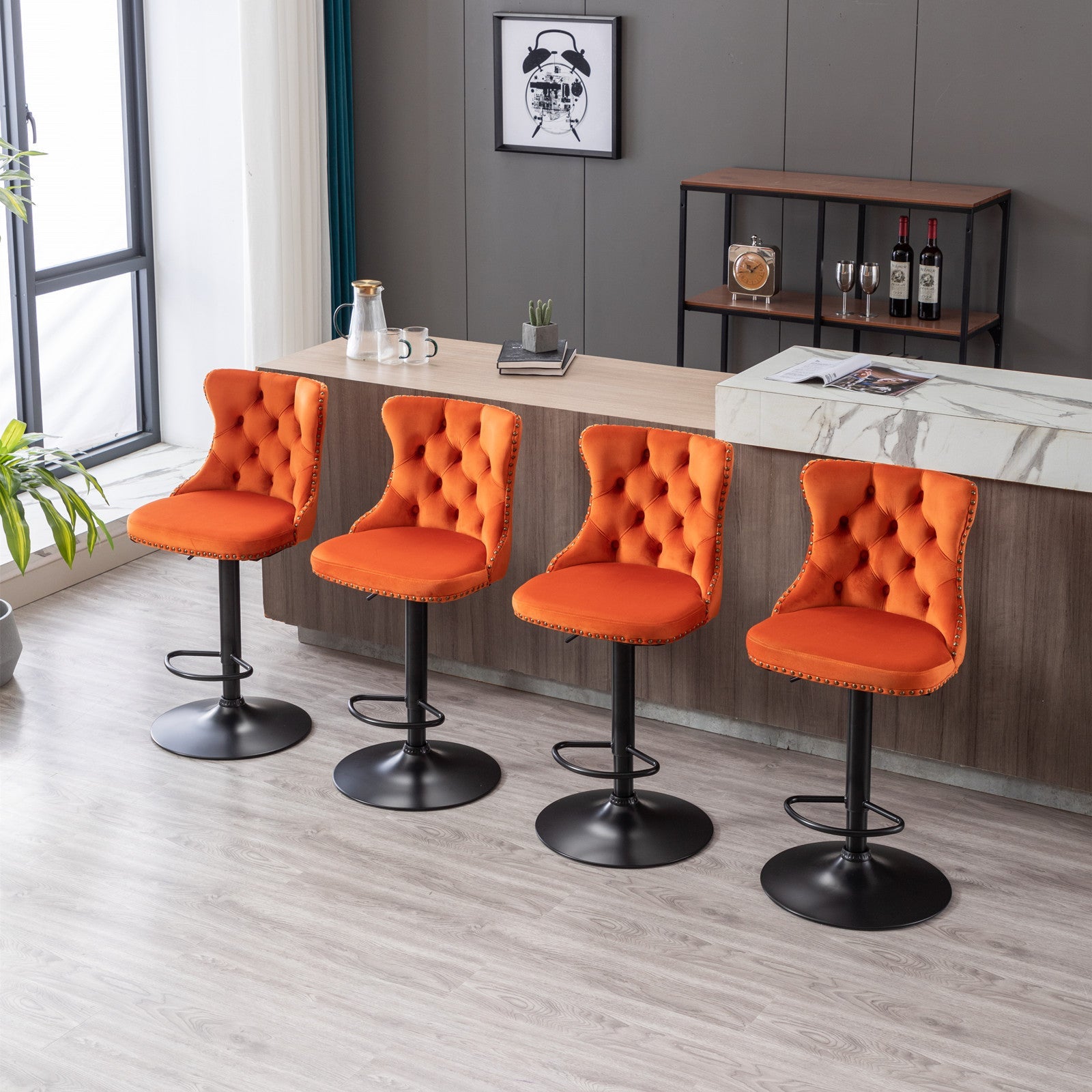 Furniture,Swivel Velvet Barstools Adjusatble Seat Height from 25-33 Inch,17.7inch base, Modern Upholstered Bar Stools with Backs Comfortable Tufted for Home Pub and Kitchen Island,Orange,Set of 2