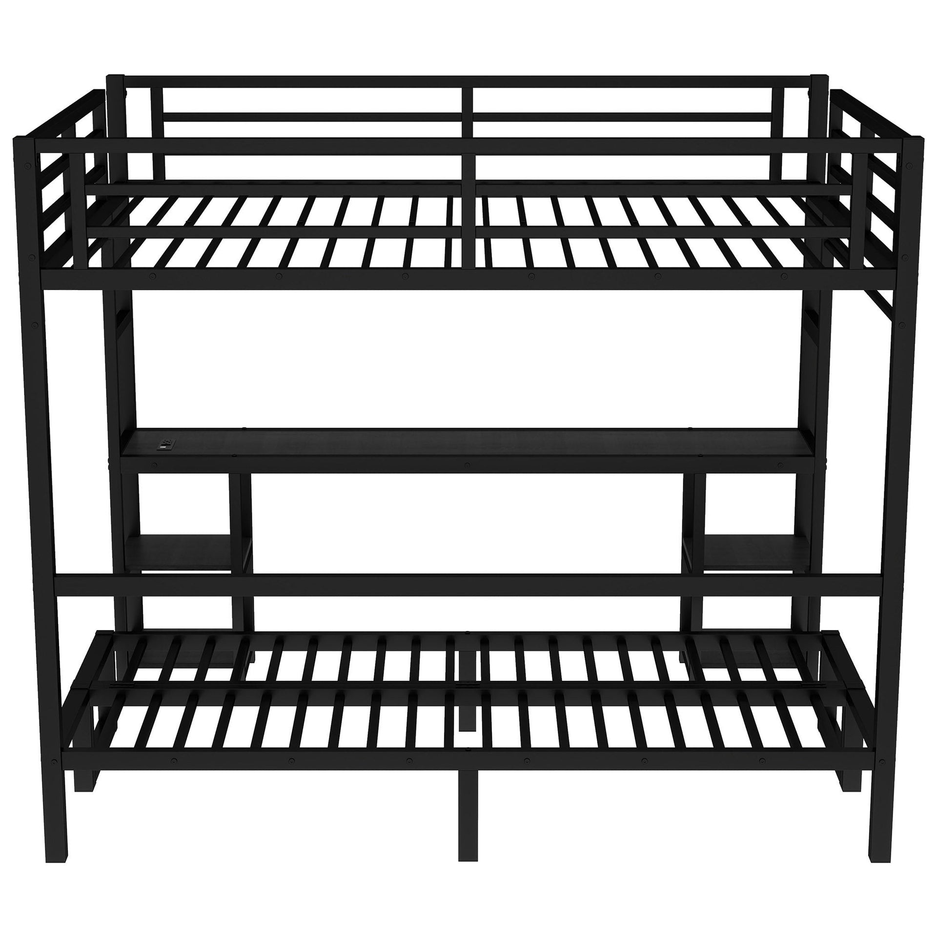 Queen Over Twin XL Metal Bunk Bed with Desk and Shelves