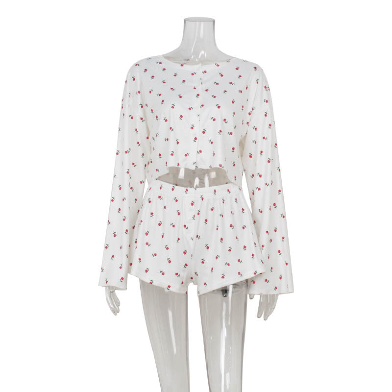 Printed round neck long sleeved cardigan with exposed waist top loose casual shorts set for women