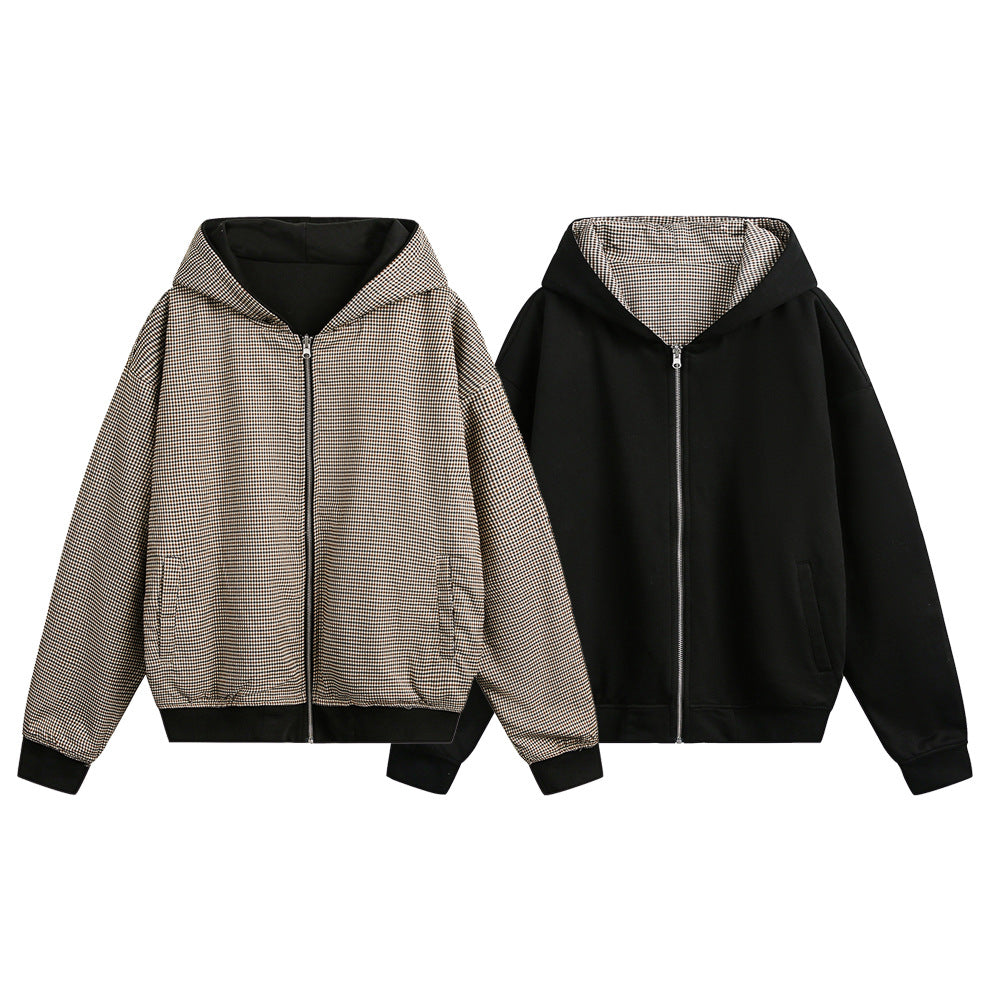 Double-sided Wear Hooded Cardigan Unisex Spring and Autumn Casual Loose Fit Plaid Short Jacket Two-Way Wearing