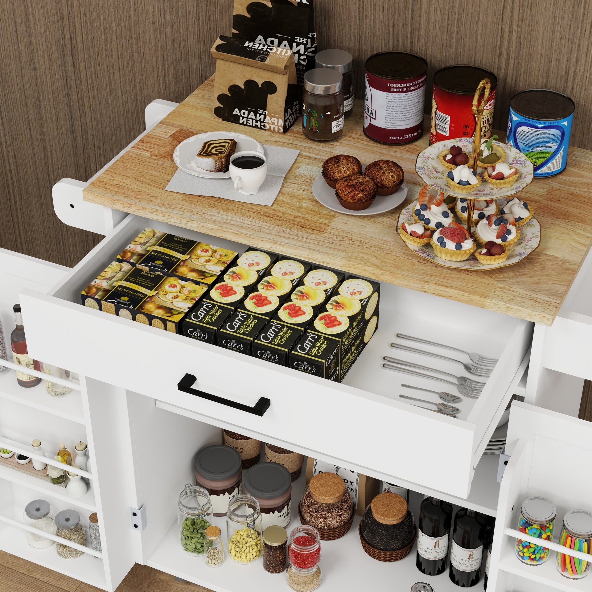 Kitchen island rolling trolley cart with 1 drawer & 2 doors with storage racks & Adjustable Shelves & towel rack