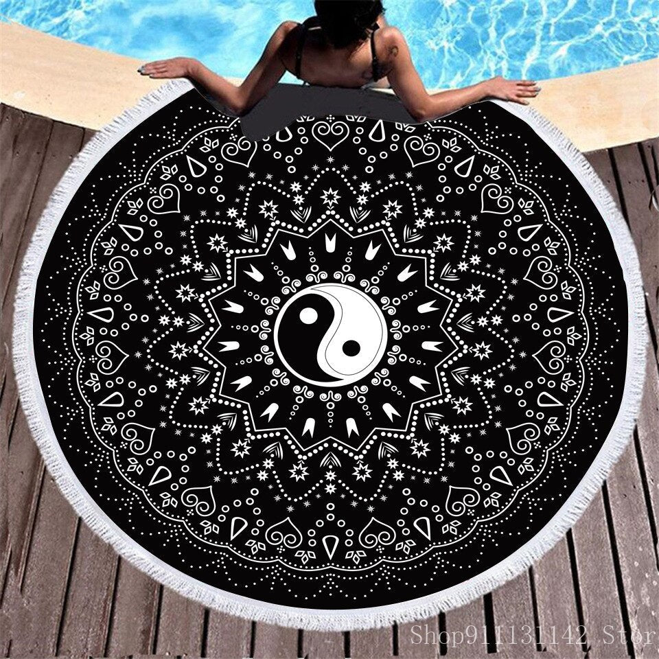 3d Bohemian Tai Chi Animal Digital Print Round Ribbon Beach Towel Swimming Yoga Picnic Mat Bikini Covered Napkin