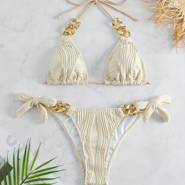 Bikini Ruched Texture Golden Chain 2 Piece Triangle Swimsuit for Women – Striped Halter Bikini Set with Bow Tie Side and Elegant Ring Link Detail – Stretchy Beachwear for Pool Bathing and Summer Vacations