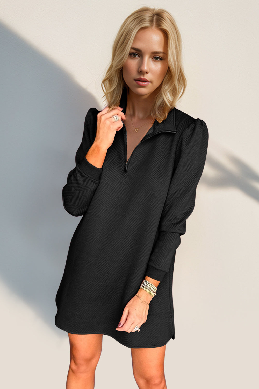 Double Take Textured Zip Long Sleeve Dress Classic Zip-Up Dress for Women Comfortable Outdoor Dress
