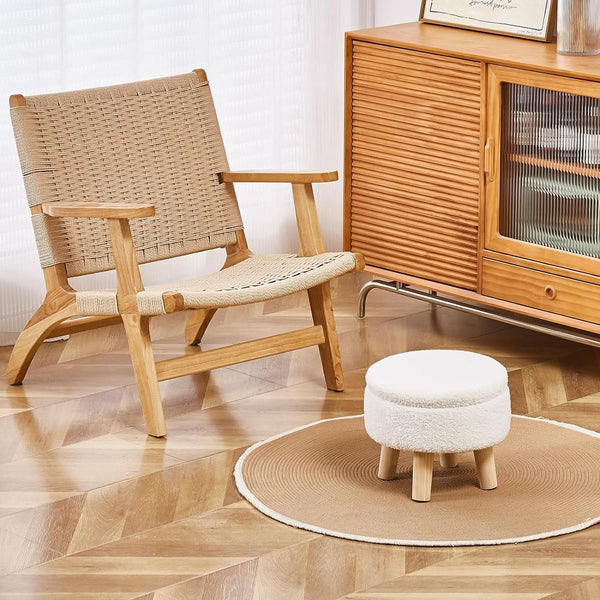 Cream Velvet Round Storage Ottoman With Solid Wood Legs