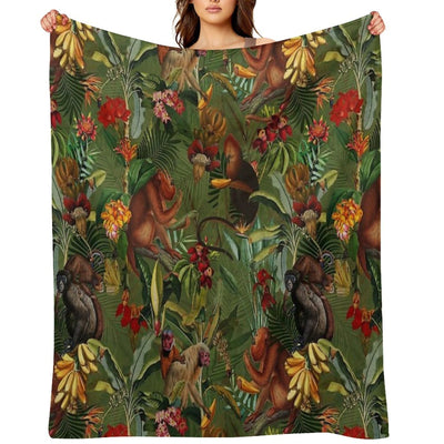 Tropical Monkey Jungle Pattern - Dark Green Botanical Night Garden Nightgarden Plush Throw Blanket