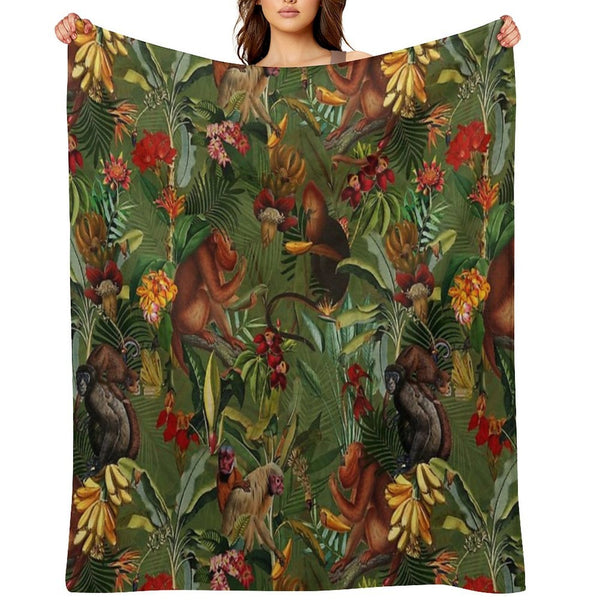 Tropical Monkey Jungle Pattern - Dark Green Botanical Night Garden Nightgarden Plush Throw Blanket